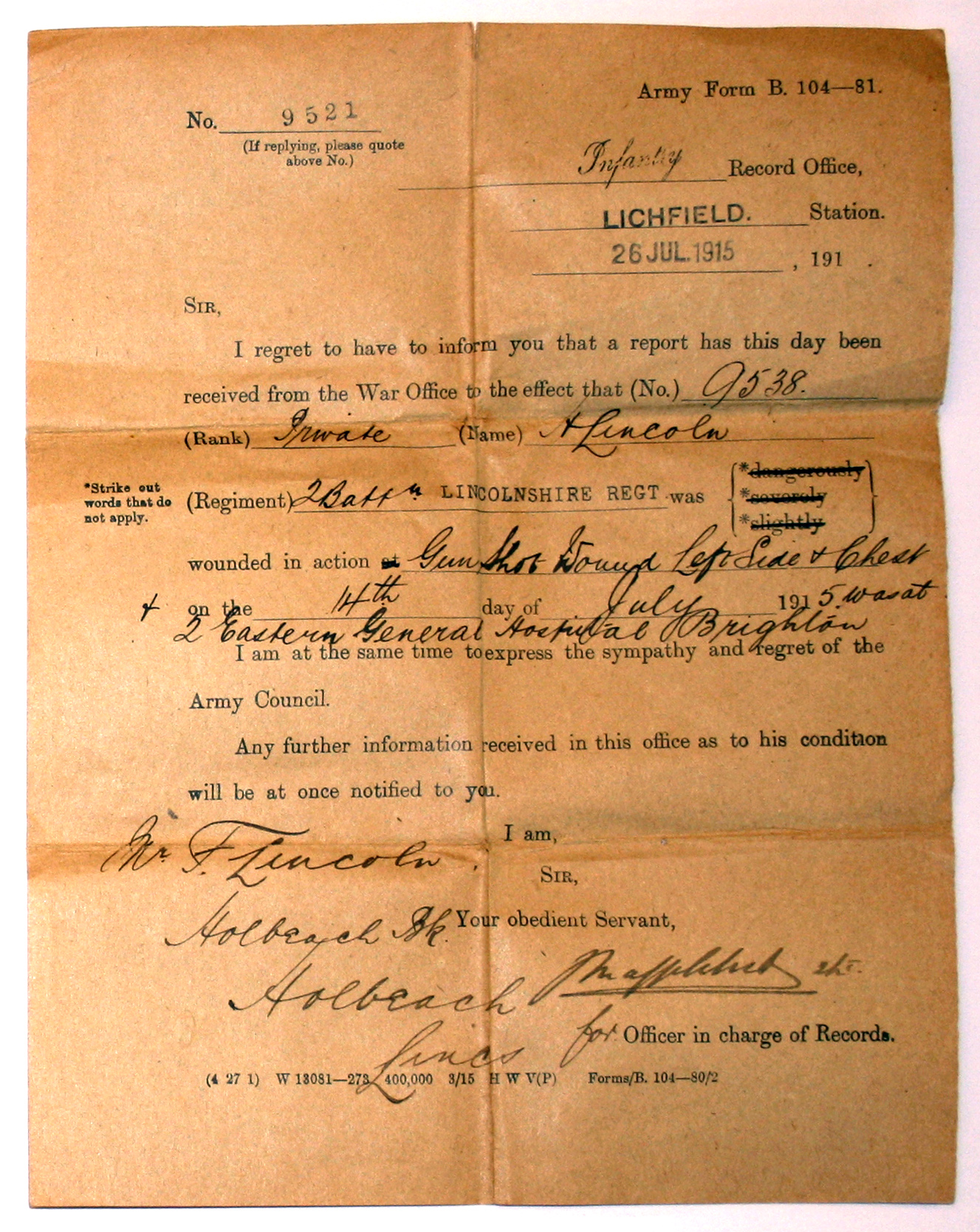 notification of death of pte h lincoln 1915.jpg